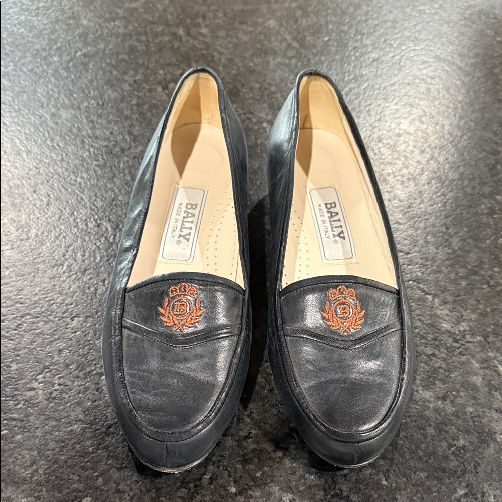 Bally Women's Black Leather Loafers with Orange Emblem